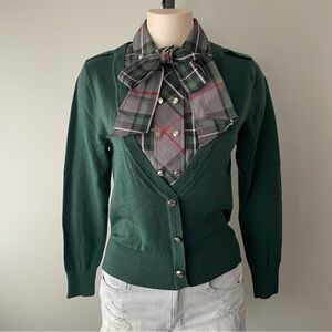 Psalter 100% Wool Knit Cardigan Sweater Pussybow Forest Green Plaid Tartan Prep